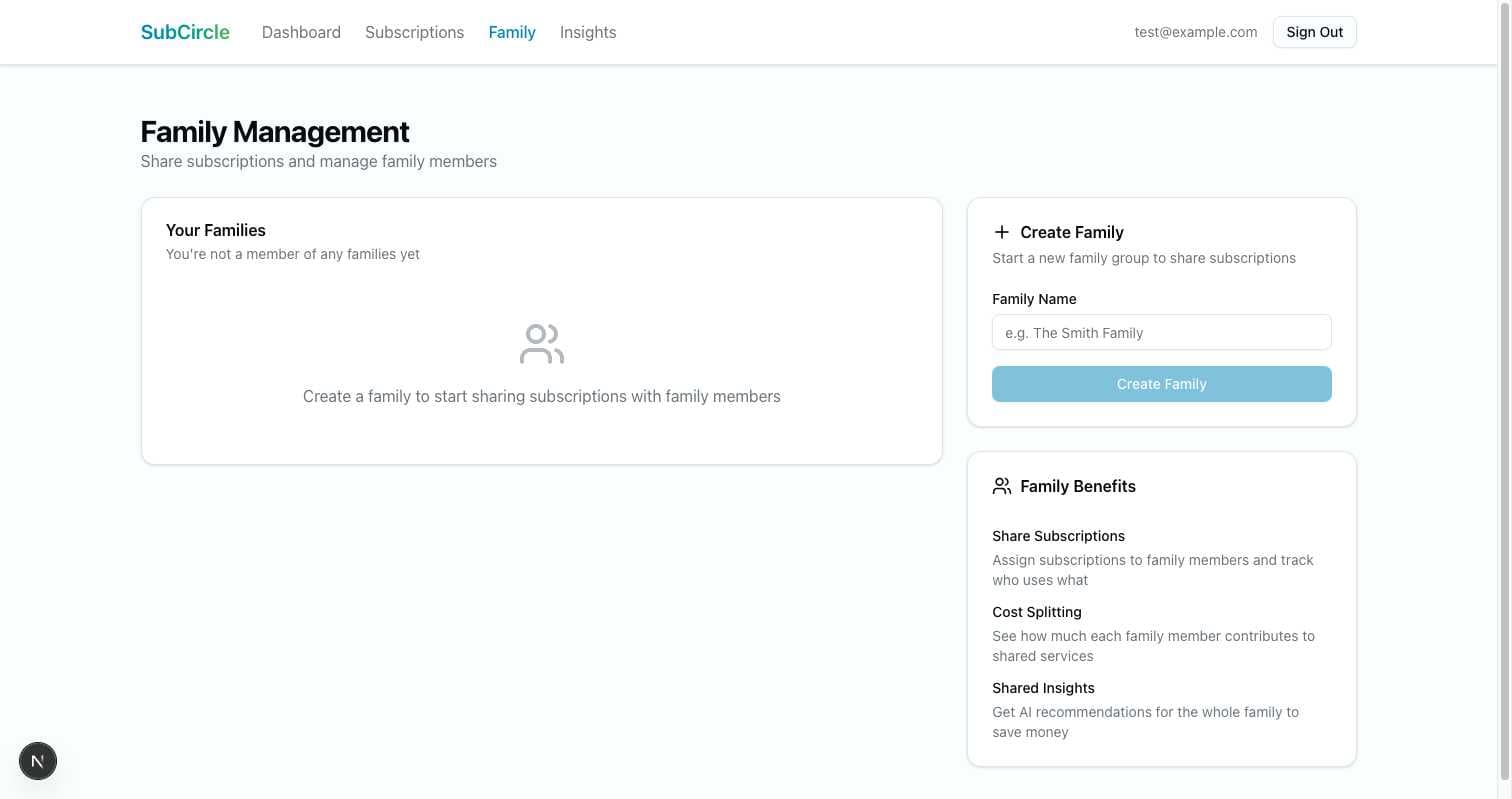 Family management page showing family creation, subscription sharing, and member management